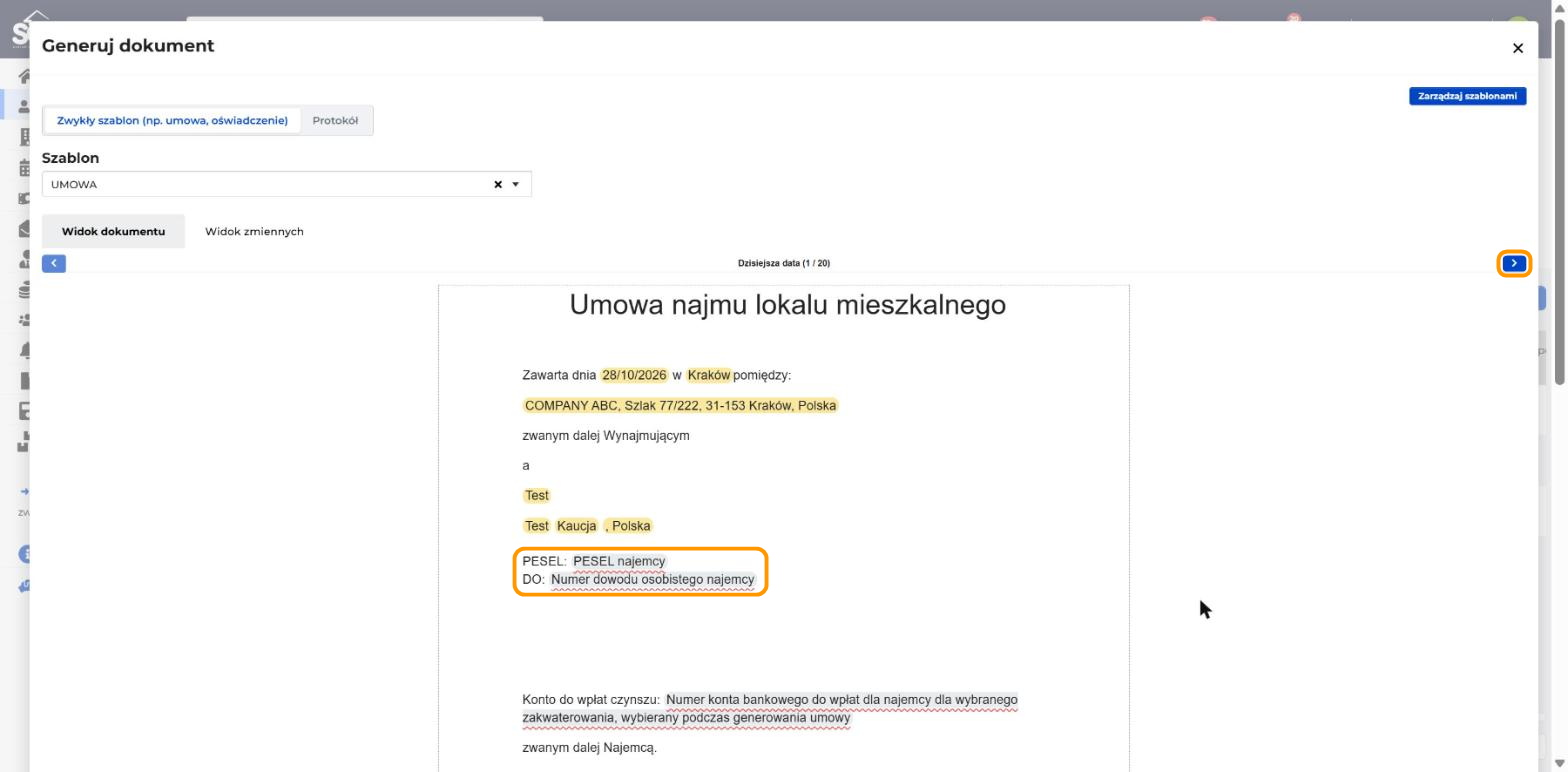Okno „Generuj dokument” z otwartą zakładką „Widok dokumentu” i podglądem umowy najmu lokalu mieszkalnego. Daty, adres oddziału i dane najemcy są podświetlone na żółto. Zmienne „PESEL najemcy” i „Numer dowodu osobistego najemcy” są szare. Pomarańczowe ramki obejmują te dwie szare zmienne i strzałkę w prawo nad podglądem.
