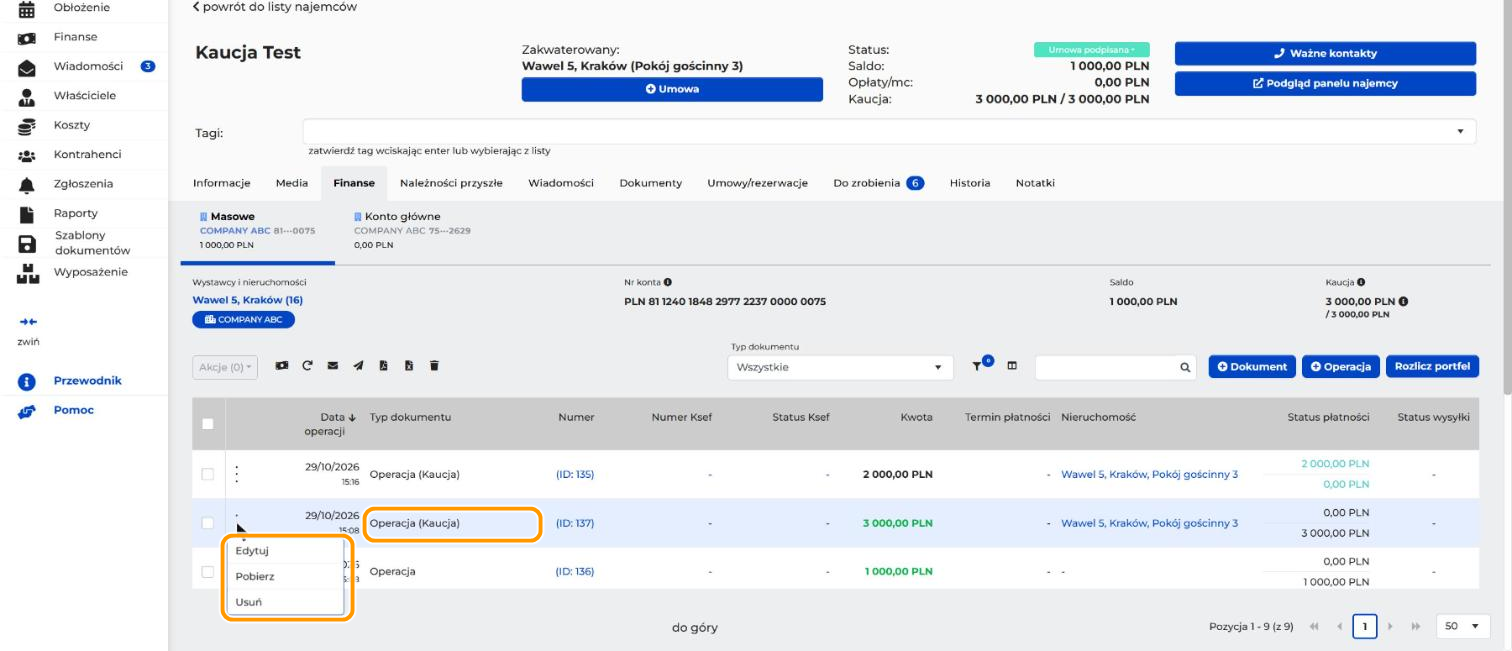 Zakładka „Finanse” na karcie najemcy „Kaucja Test” z tabelą operacji. Przy operacji „Operacja (Kaucja)” jest otwarte menu trzech kropek z opcjami „Edytuj”, „Pobierz” i „Usuń”. Pomarańczowe ramki obejmują nazwę operacji i menu.