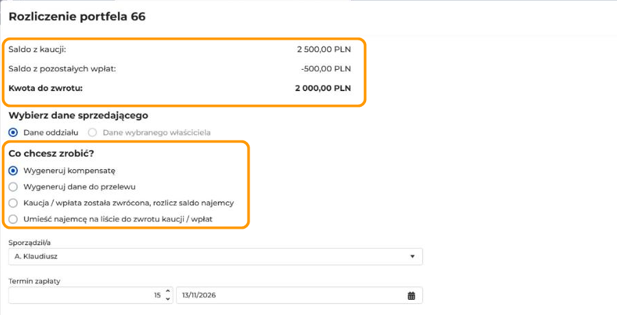Okno „Rozliczenie portfela 66” z kwotami: saldo z kaucji 2 500,00 PLN, saldo z pozostałych wpłat -500,00 PLN i kwota do zwrotu 2 000,00 PLN. W sekcji „Co chcesz zrobić?” są cztery opcje. Pomarańczowe ramki obejmują trzy kwoty i listę opcji.
