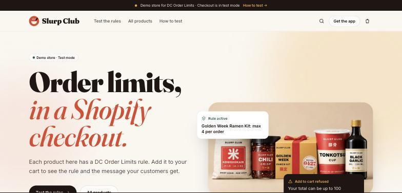Slurp Club demo store homepage showing an active Golden Week Ramen Kit rule