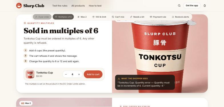 Tonkotsu Cup card showing the increments-of-6 error message at quantity 4