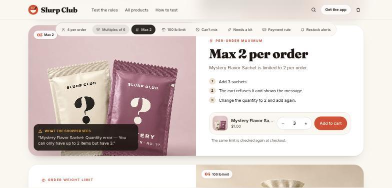 Mystery Flavor Sachet card showing the max 2 per order error message