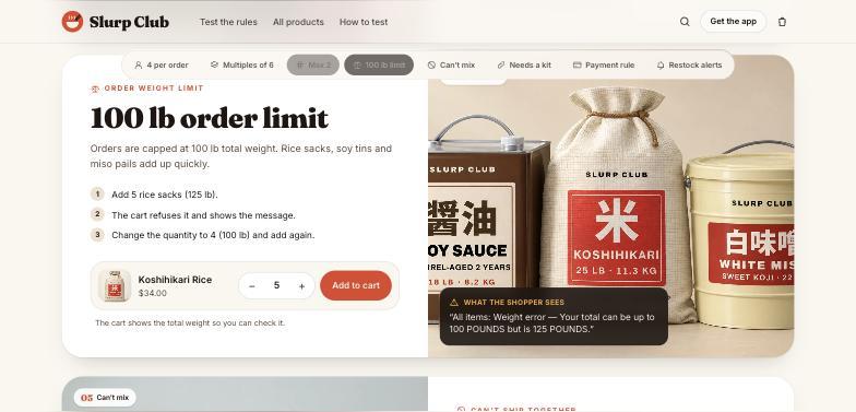 100 lb order limit card showing the weight error message for five rice sacks