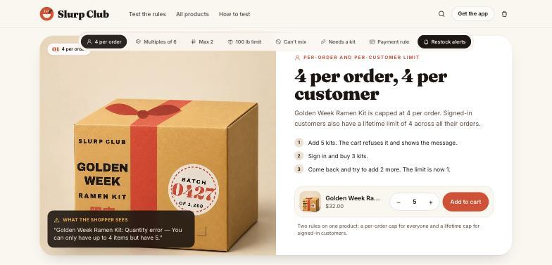 Golden Week Ramen Kit card showing the quantity error message when adding 5 kits