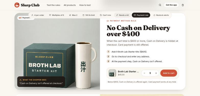 No Cash on Delivery over 400 dollars card showing the payment rule