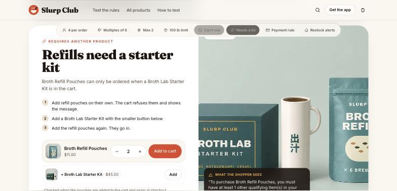 Broth Refill Pouches card showing the requires-another-product error message