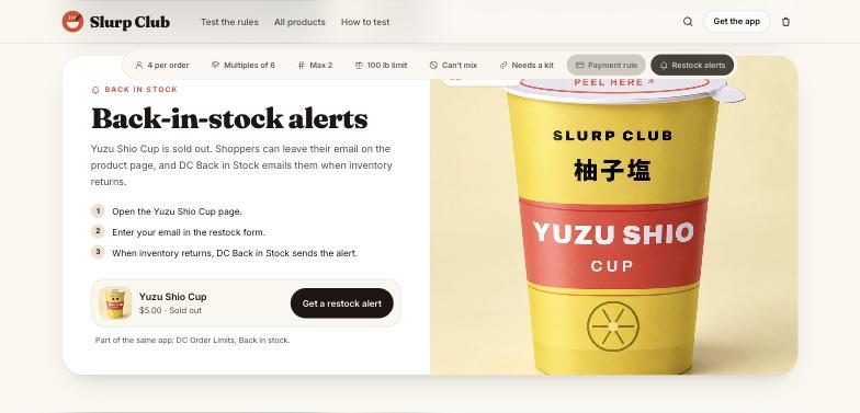 Yuzu Shio Cup card with the Get a restock alert button