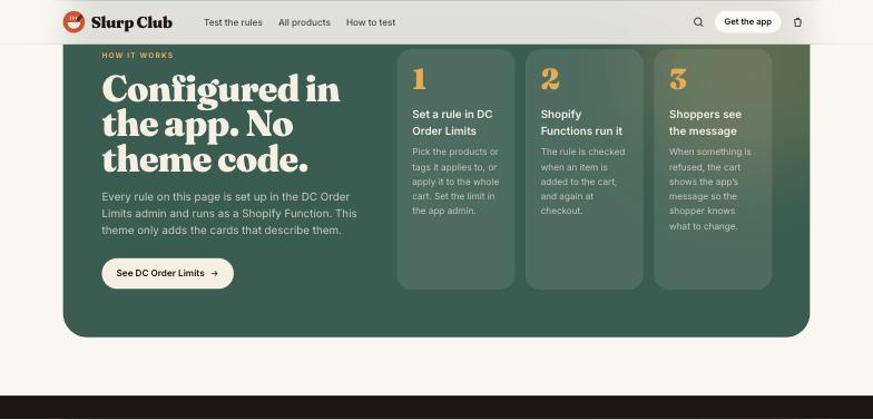 Configured in the app, no theme code: set a rule, Shopify Functions run it, shoppers see the message