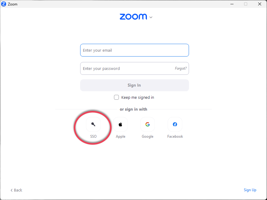 Zoom client sign-in interface