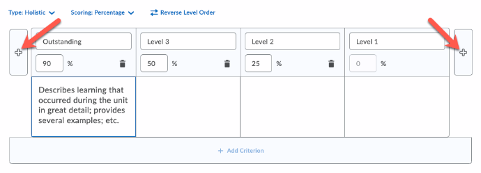 Add More Levels buttons before and after columns