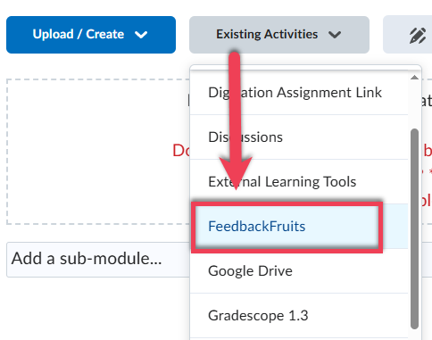 Existing Activities drop-down menu in Brightspace showing the FeedabackFruits option