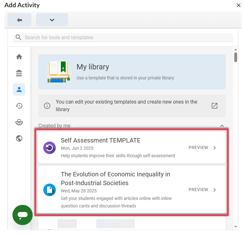 Screenshot of My Library with FeedbackFruits Templates in a list
