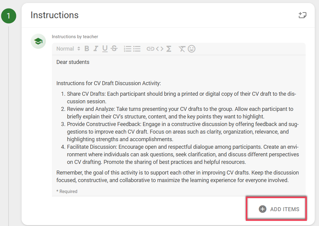 Screenshot of the Instructions Step of a Discussion on Topic with red box around add items button.