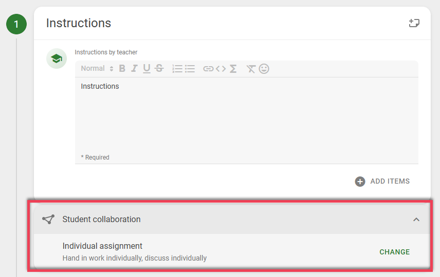 Screenshot of the Instructions Step in a Discussion on Work with a red box highlighting the Student collaboration area
