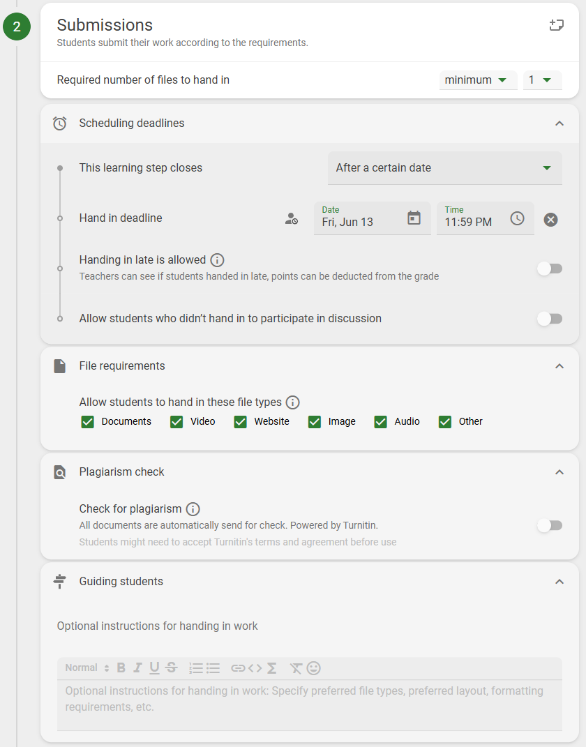 Screenshot showing all of the options expanded for the Submission step of a Discussion on Work activity