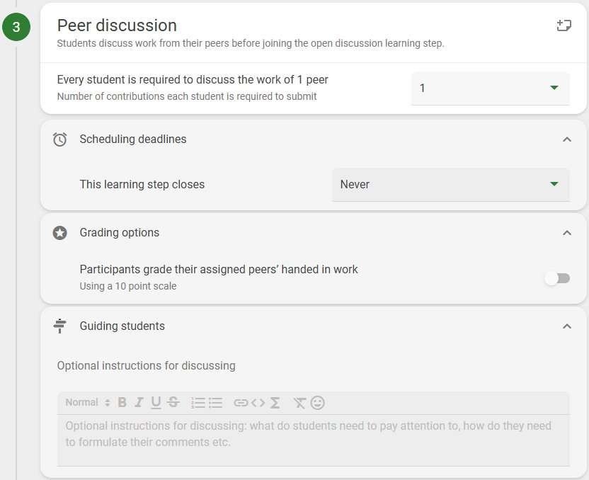 Screenshot showing all the Peer Discussion options expanded