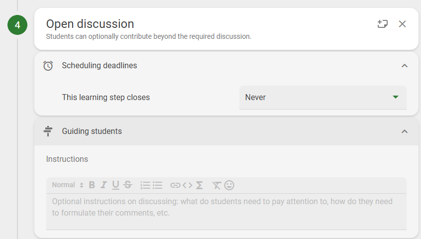 Screenshot showing the options for Open Discussion expanded.