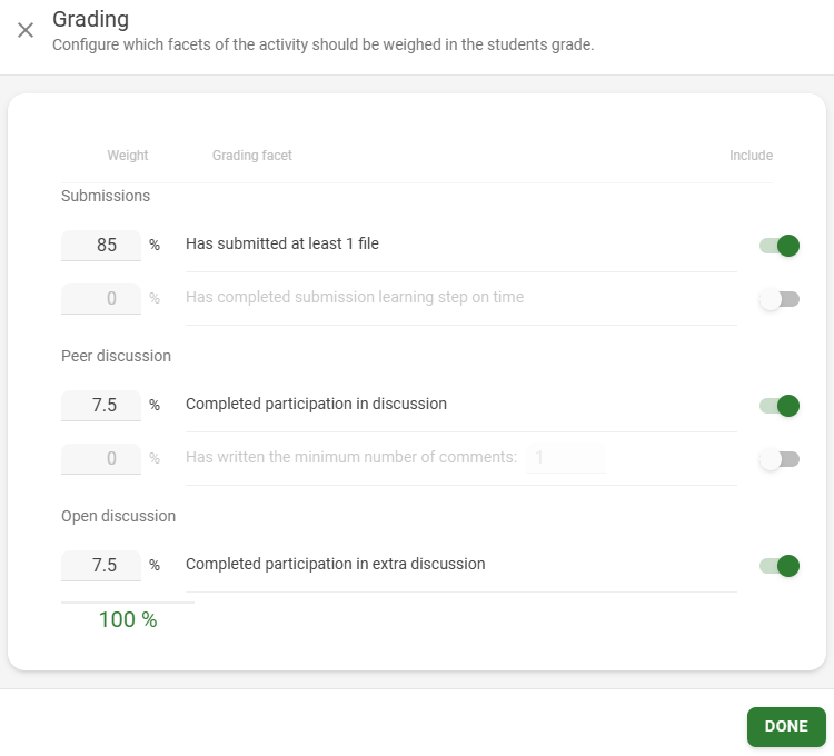 Screenshot showing the different options in the Grading step.