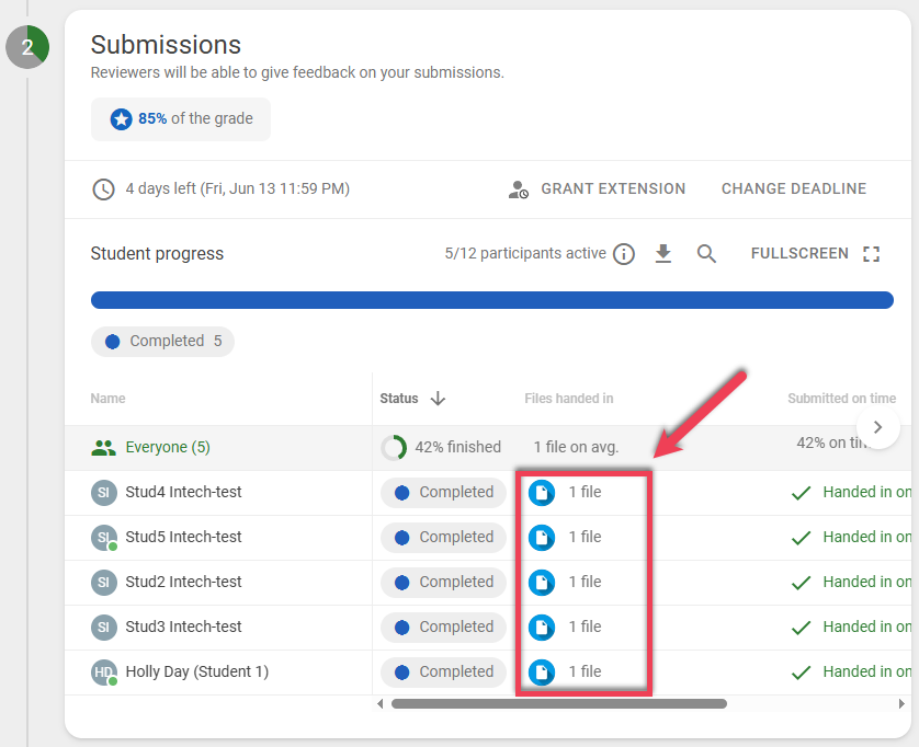 Screenshot highlighting the file indicators of files that students have handed in on the Submissions step