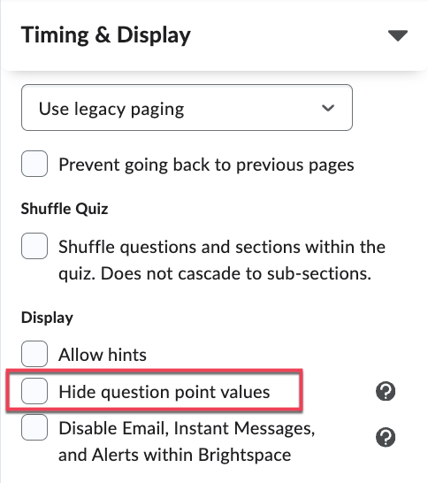 Timing and Display with Hide question point values option