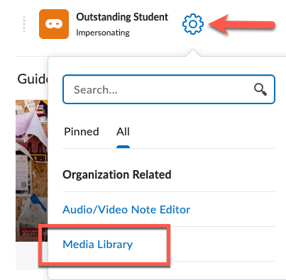 Settings gear icon next to the “Outstanding Student” profile opens a dropdown menu showing organization-related tools, with “Media Library” highlighted.