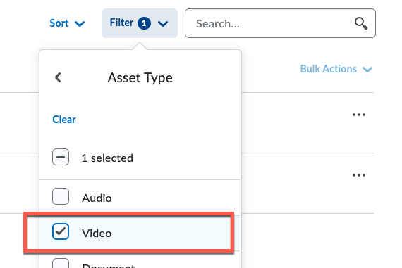 Media Library toolbar with the Filter menu open, showing “Asset Type” options. “Video” is selected, indicated by a checkmark.