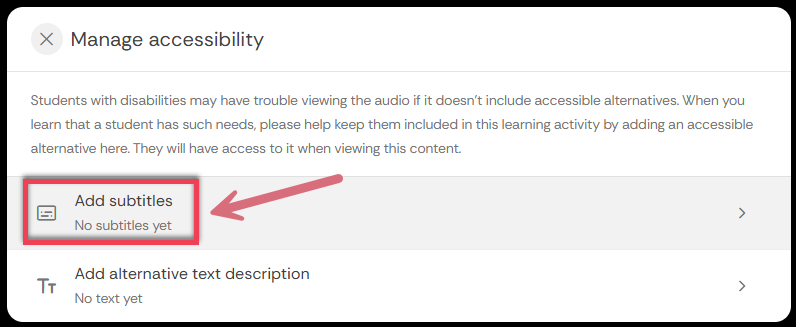 Screenshot showing red box and arrow pointing to Add subtitles.