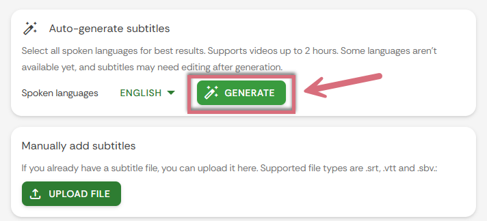 Screenshot showing red box and arrow pointing to the GENERATE button.