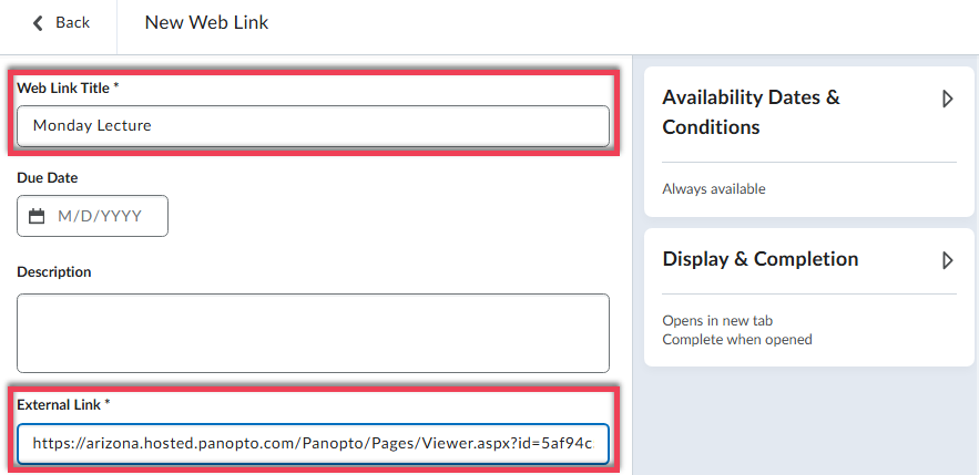 Brightspace New Web Link interface