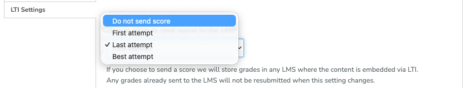 LTI Settings for choosing Gradebook synchronization behavior