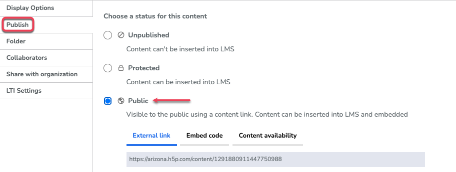 Display Options > Publish > Public > External link