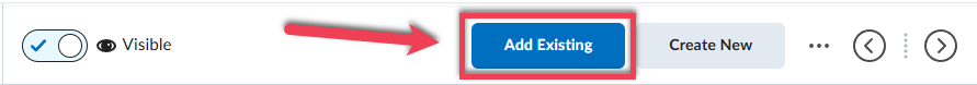 Screenshot of Add Existing button in Brightspace with Red arrow and box outlining the button.