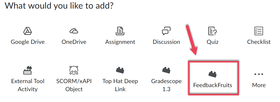 Screenshot of the Add Existing menu with red arrow and box highlighting the FeedbackFruits option.