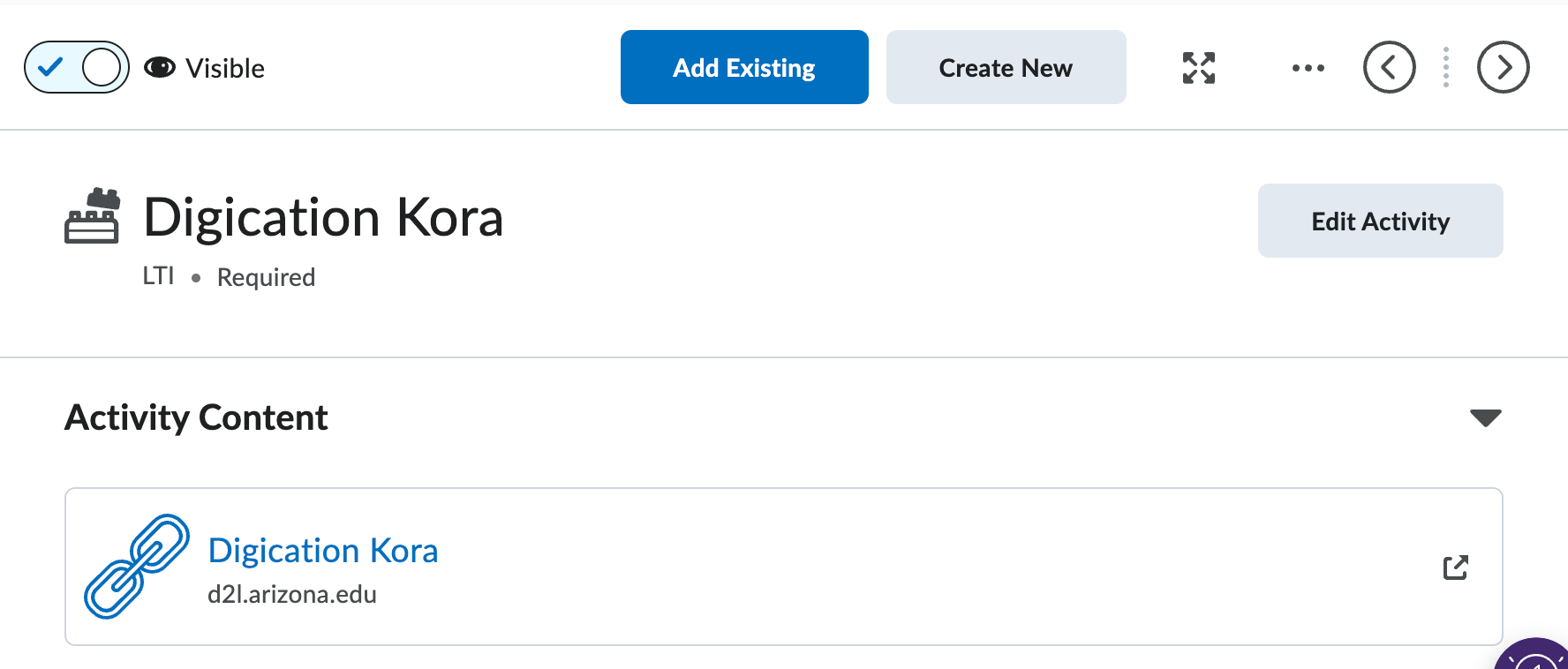 Digication Kora link in a module in Content in the New Content Experience