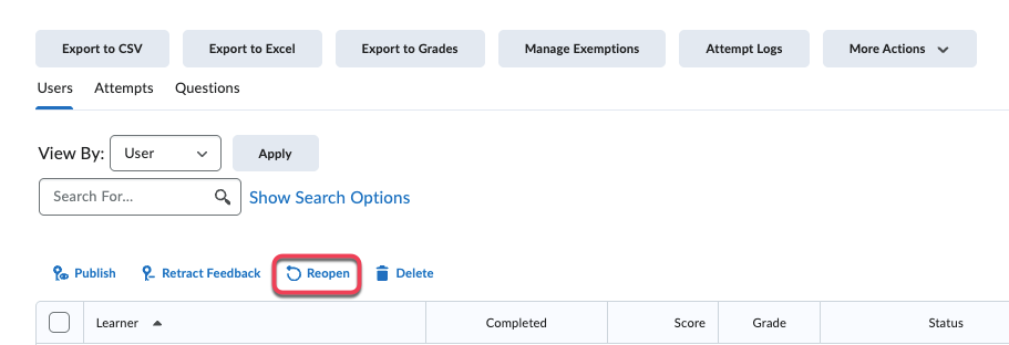 Reopen located above the attempt table between Retract Feedback and Delete
