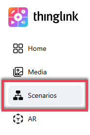 ThingLink menu options with Scenarios button highlighted with a red outlined rectangle.