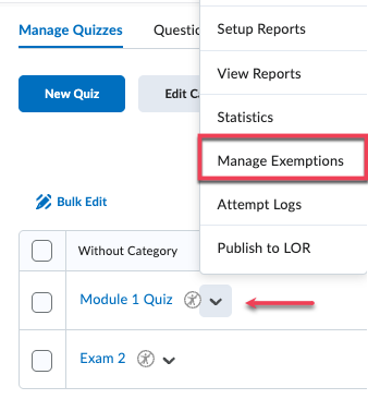 Manage Exemptions in the action menu of a quiz