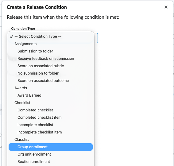 Selecting a Condition Type from the menu
