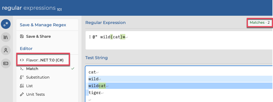 Flavor: .NET 7.0 (C#)  testing wild(cat)* that matches wild and wildcat