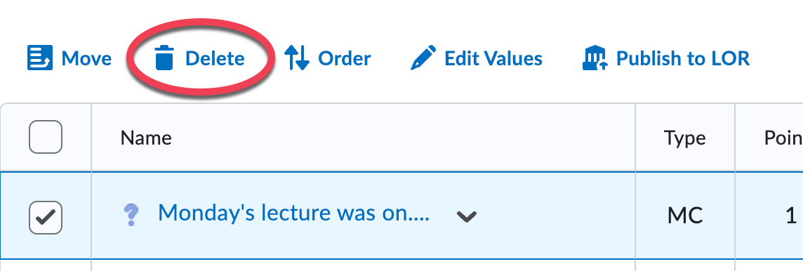 Delete button and selection check box