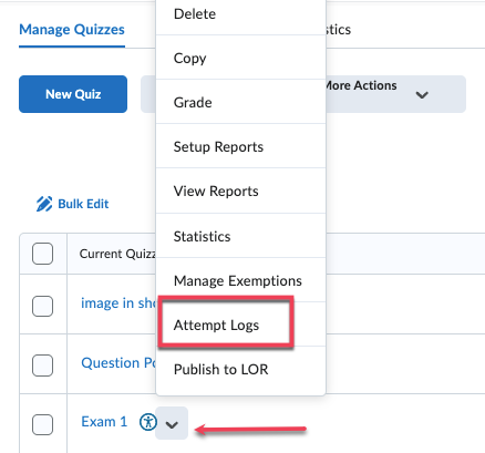 Attempt Logs on the Action Menu