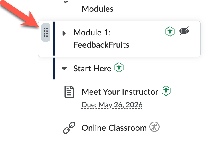 Red arrow points to the eight-dot move handle beside “Module 1: FeedbackFruits” in the Content table of contents.
