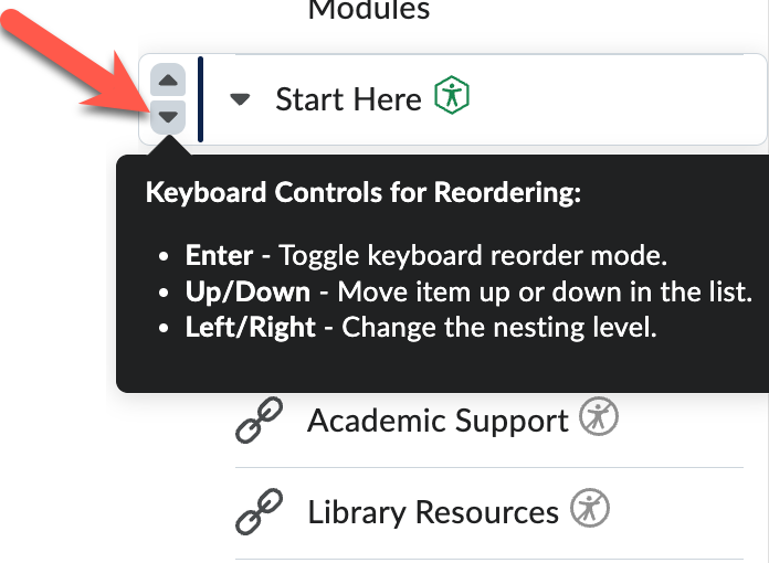 Red arrow points to the up and down reorder buttons beside “Start Here” in the Content table of contents. 