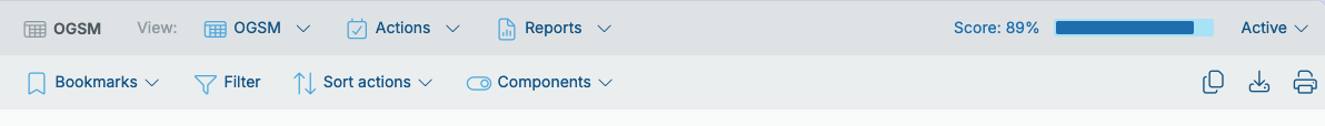 Toolbar to change the view or filter an OGSM