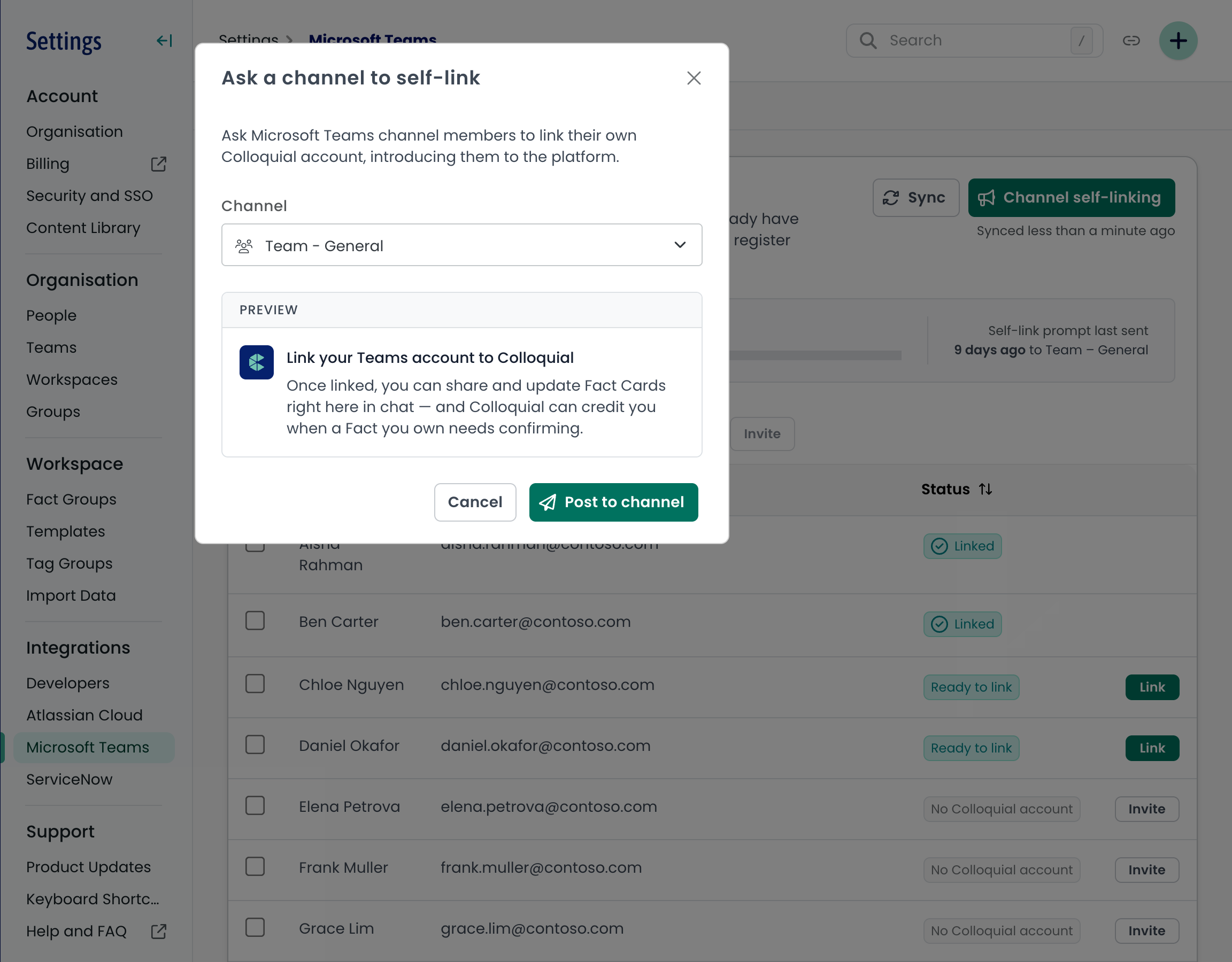The Ask a channel to self-link dialog, with a channel picker and a preview of the message