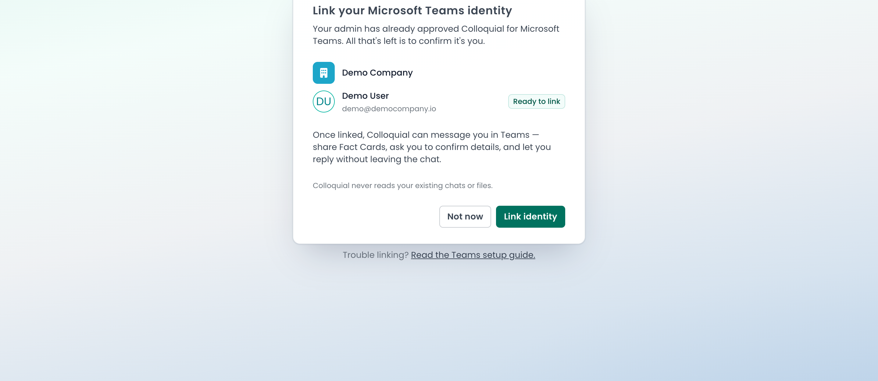 The Link your Microsoft Teams identity screen showing the organisation, your account, and the Link identity button