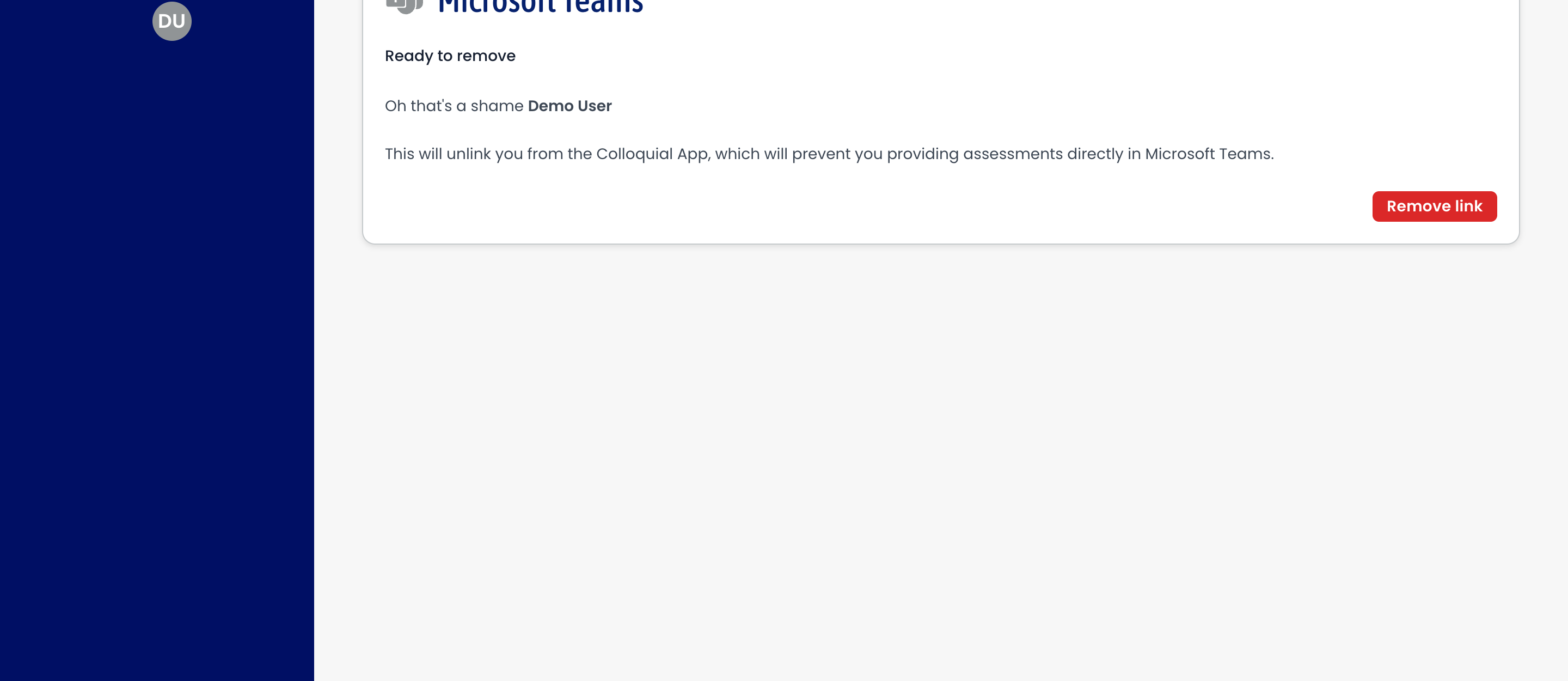 The unlink screen with the Remove link button