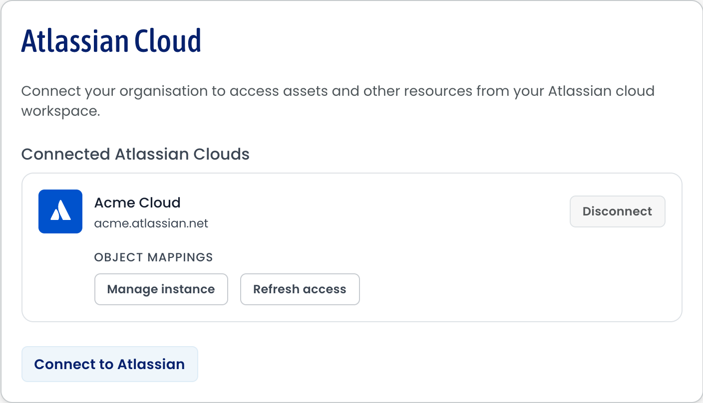 The Setup tab of Atlassian Cloud settings, showing a connected site named Acme Cloud with its domain, and the Manage instance, Refresh access and Disconnect buttons.