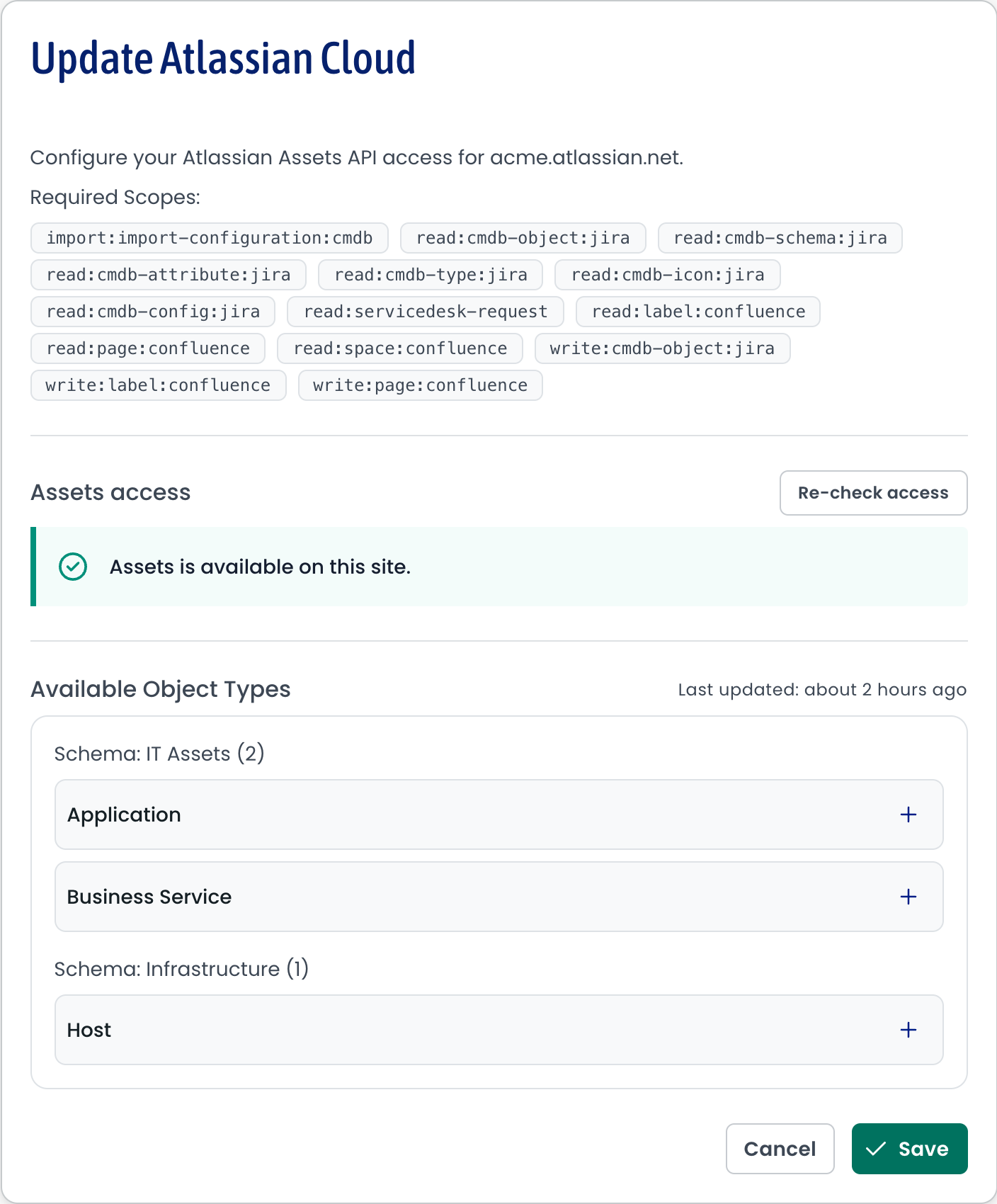 The Update Atlassian Cloud screen with a green Assets is available on this site bar under the Assets access heading.
