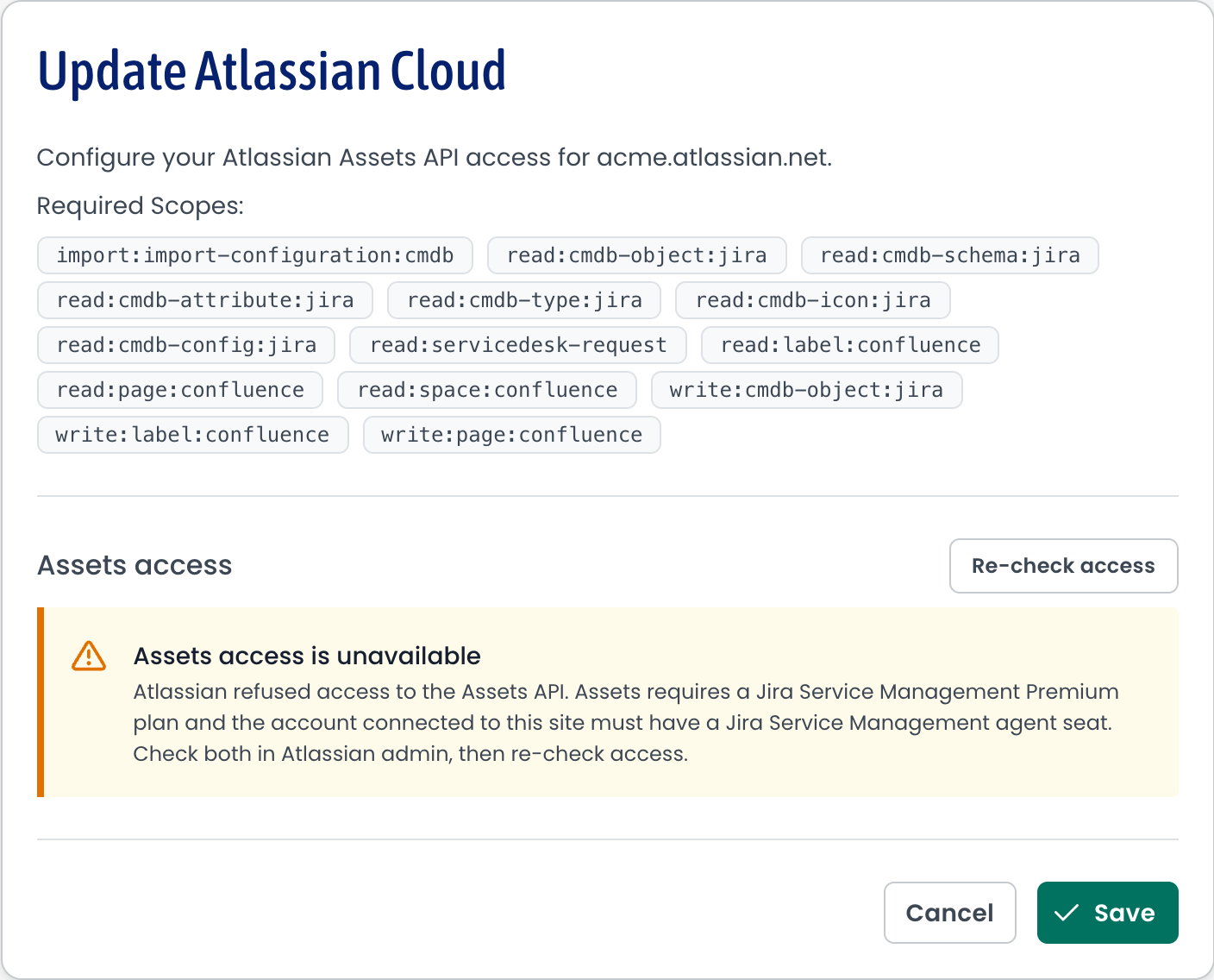 The Update Atlassian Cloud screen with an amber Assets access is unavailable bar explaining that Assets requires a Jira Service Management Premium plan and an agent seat.